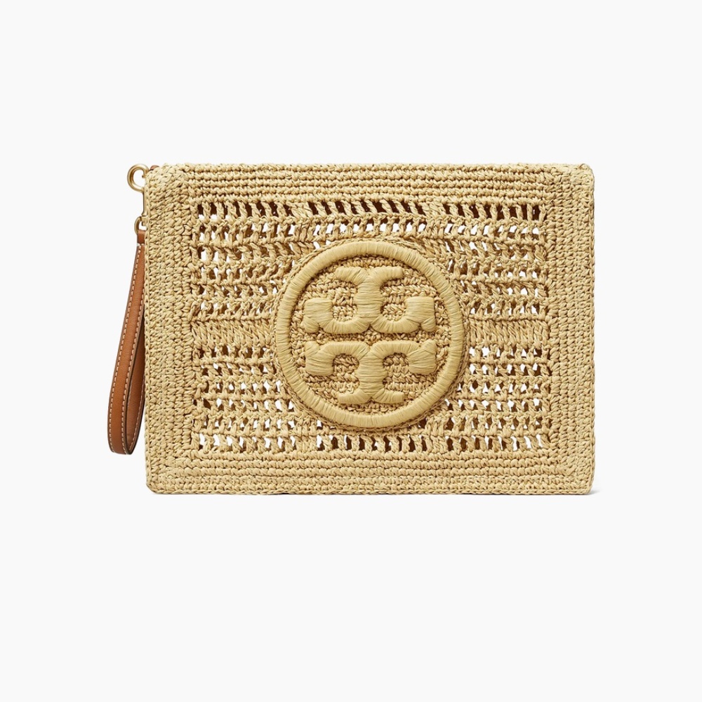 Authentic Tory Burch 155038 Natural Raffia Ella Crochet Pouch Wristlet